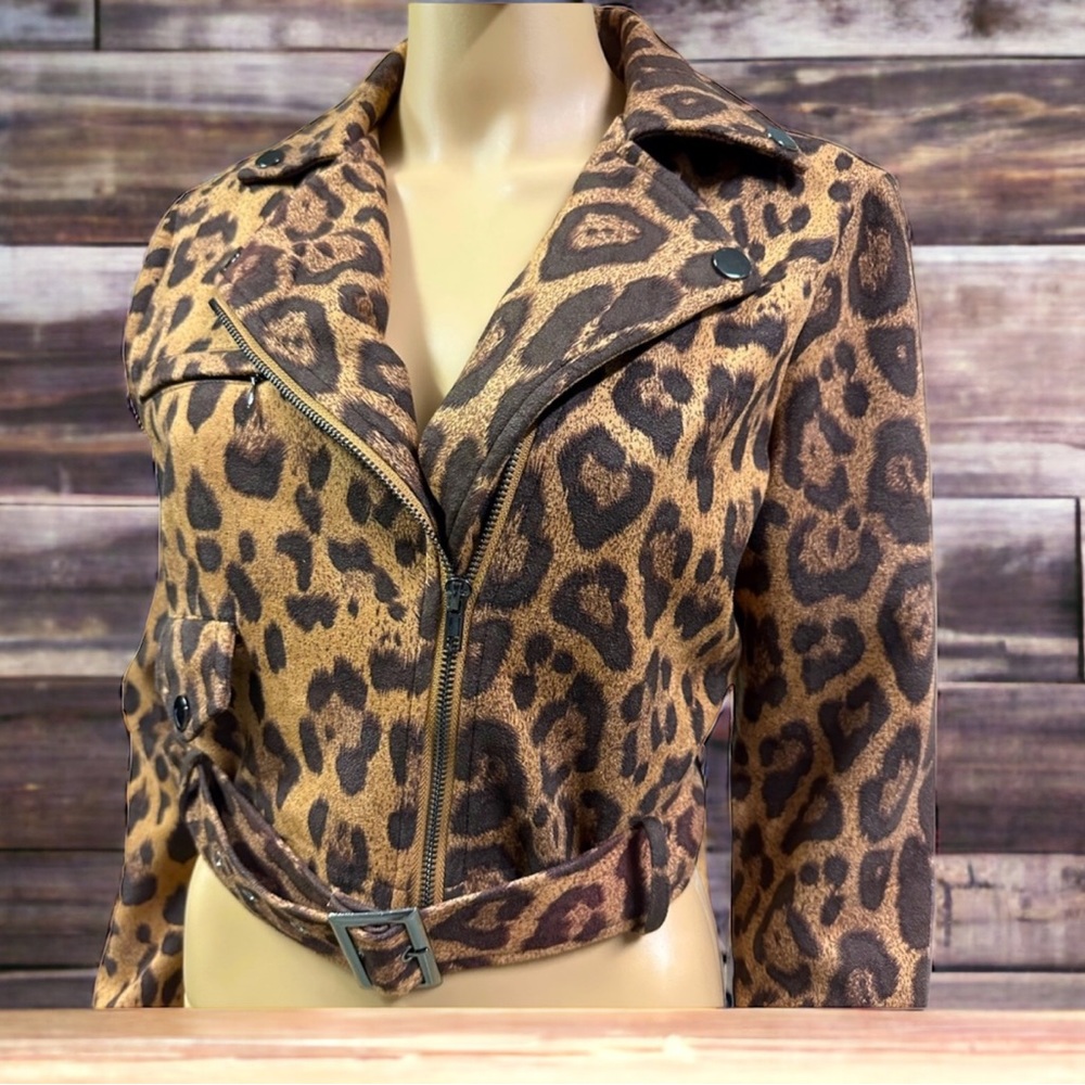 Triple Seven Sueded Leopard Print Lightweight Belted Mini Fashion Moto Jacket M